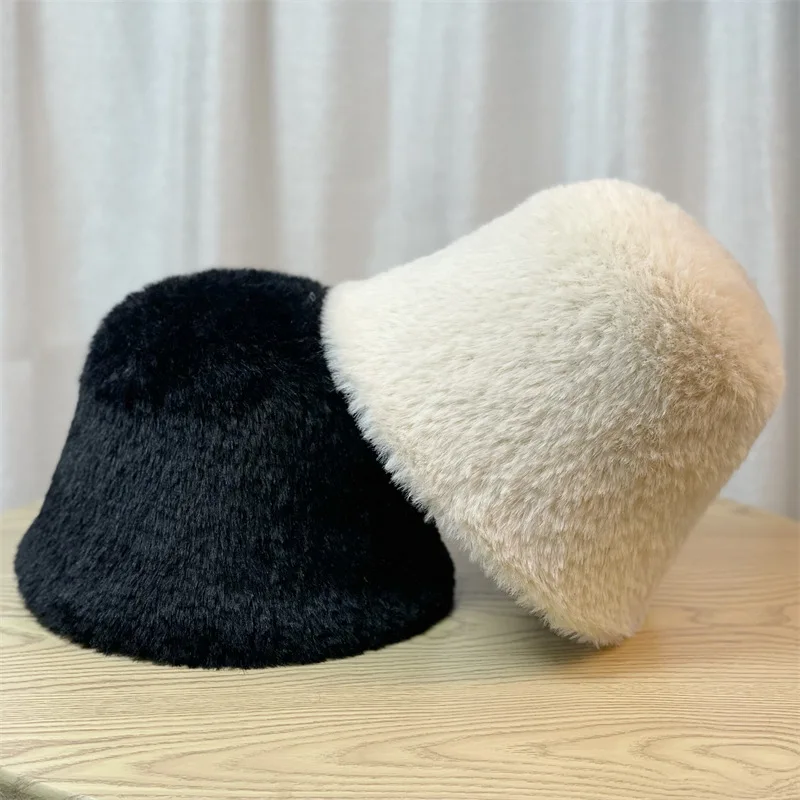 

New Solid Color Foldable Soft Fedora Hat Autumn Winter Thicken Rabbit Fur Warmth Basin Hat Fashion Versatile Fisherman Cap Women