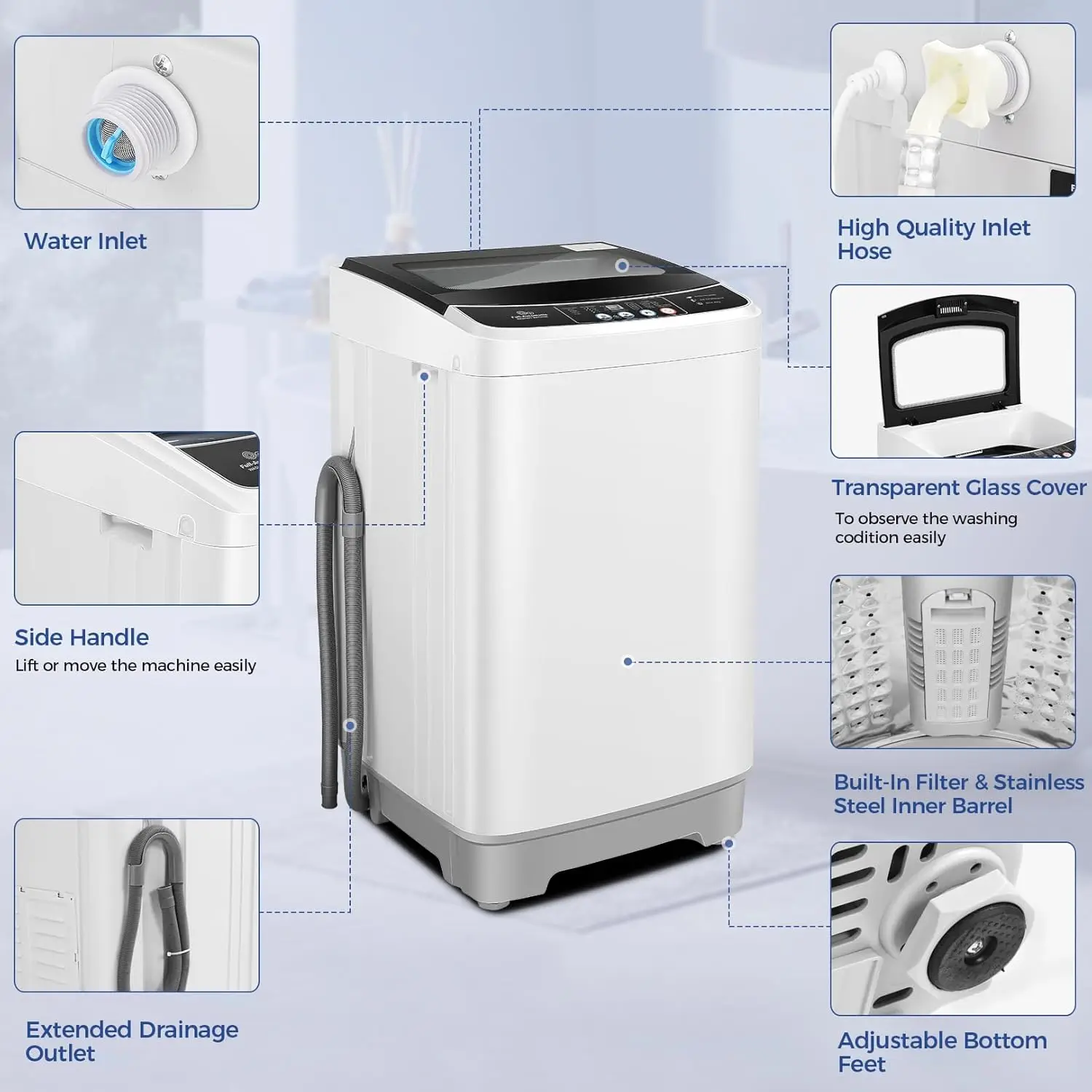 Portable Washing Machine 15.6Lbs Capacity 2.1 Cu.ft Portable Washer and Dryer Combo with 10 Programs and 8 Water Level