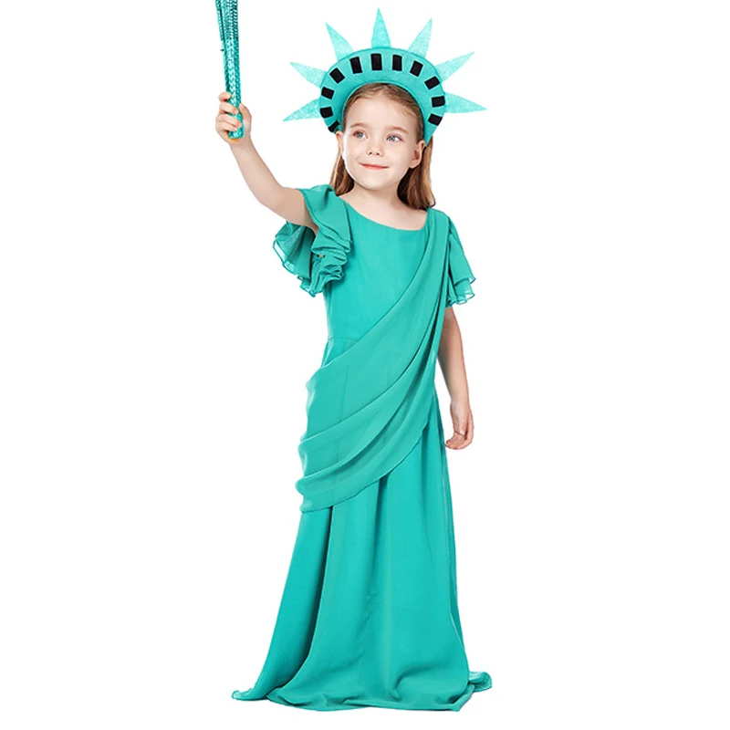 

Girl American Statue of Liberty Costume Purim Halloween Ancient Greek Roman Robe Children's Day Carnival Cosplay Fancy Dress