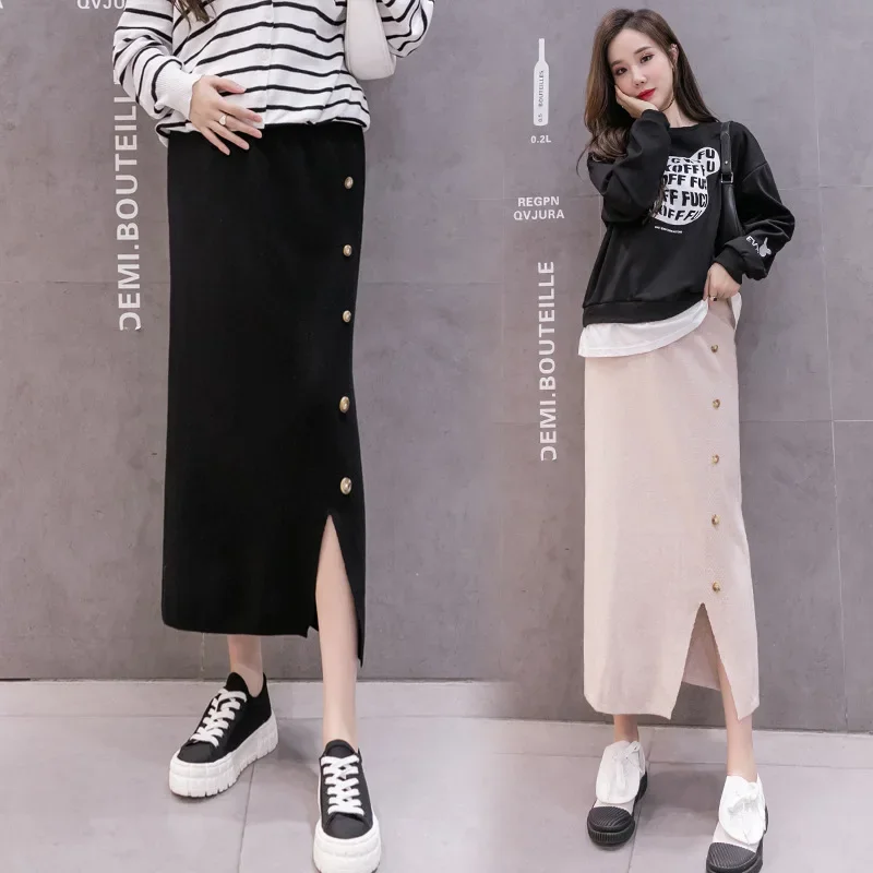 Fashionable Knitted Maternity Skirt Mid-Length Slimming Belly Covering One-Step Split Design Autumn Winter Style Pregnant Women