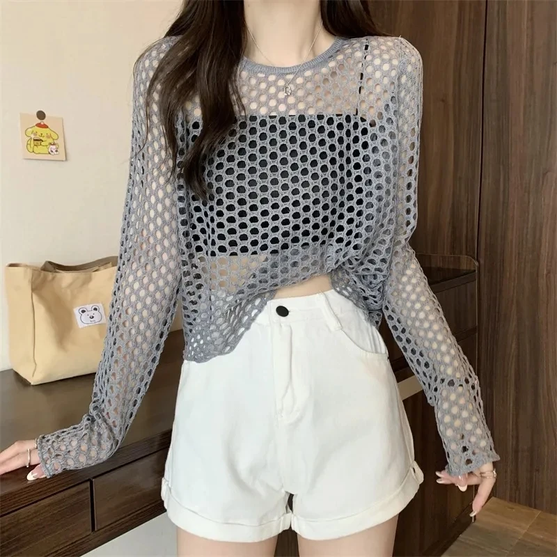 

Yasuk Summer Casual T-Shirt Women Loose Simple Pullover Soft Thin Gentle Long Sleeve Hollow Out Sun Protection Bohemian Beach