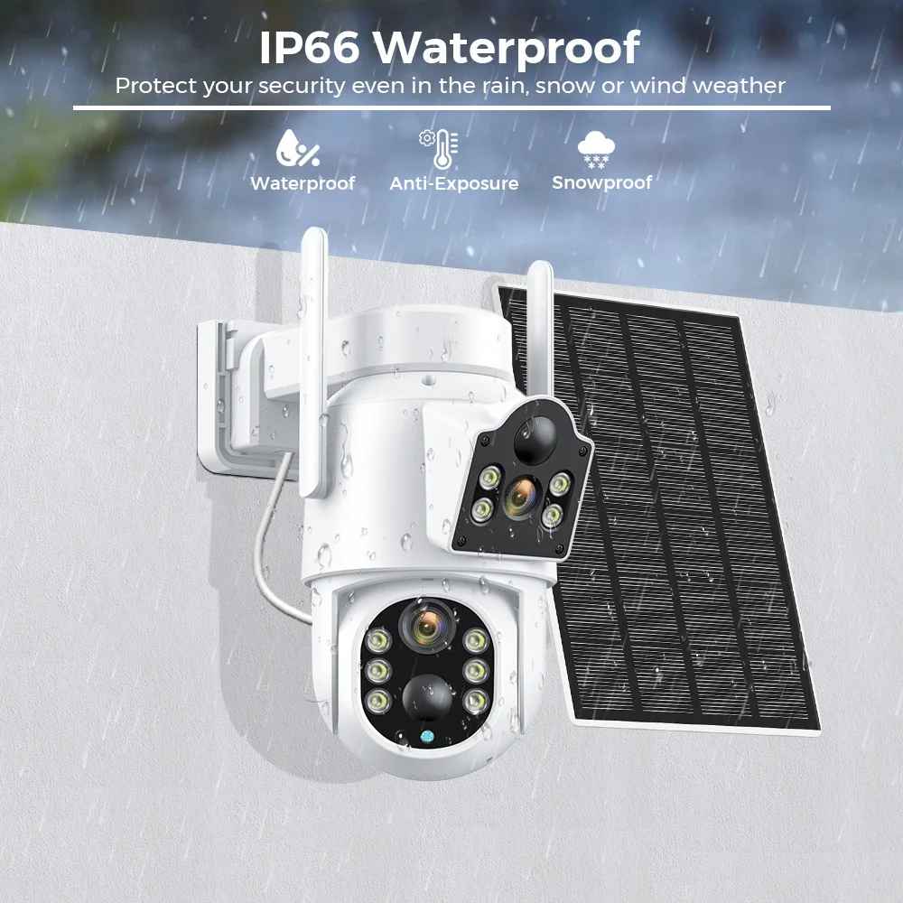 Solar IP Camera WiFi Outdoor Dual Lens PTZ Security Camera 4MP HD Built in Battery Solar Panel Wireless Camera PIR Alarm iCsee 3