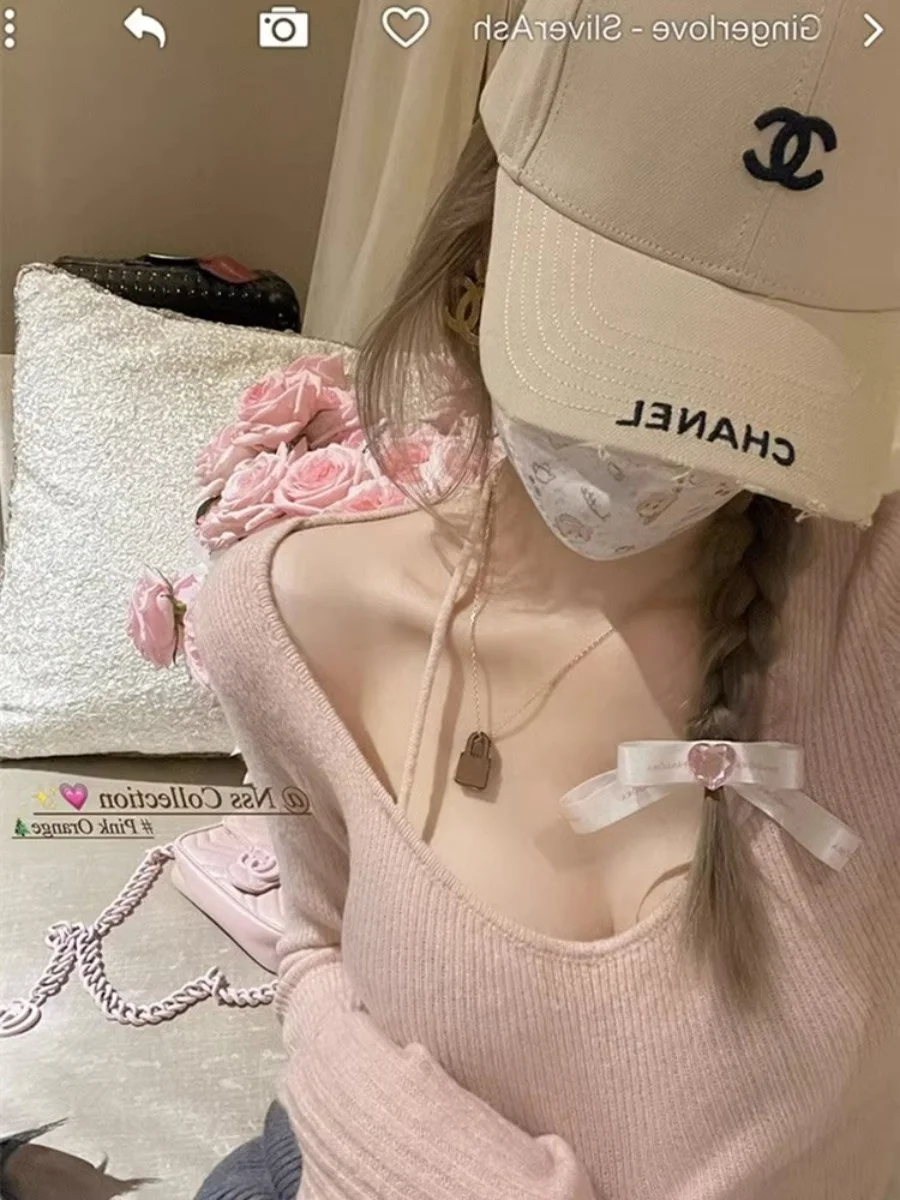 순수한 욕망 스타일 교수형 목 핑크 니트 여성 봄과 가을 차 차 세련된 스웨터 내복 셔츠 슬림 핏 탑 