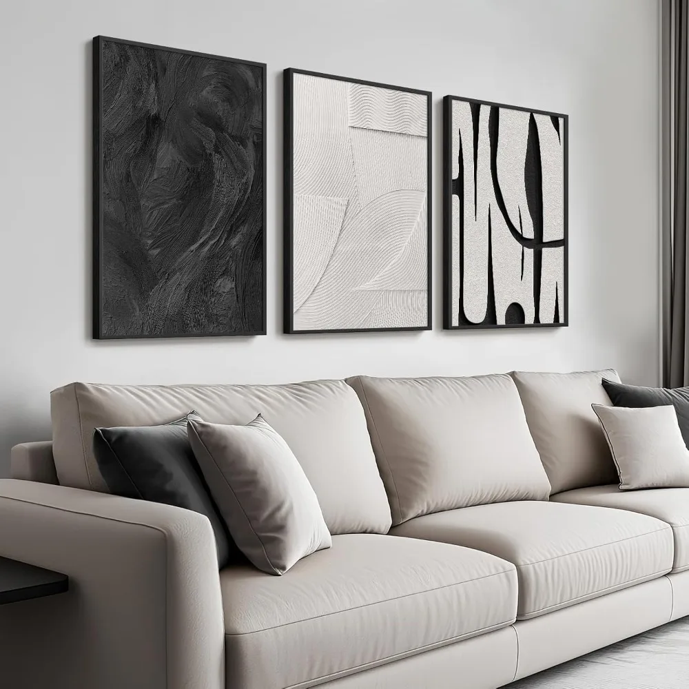 Large Framed Black and White Abstract Wall Art for Living Room, 3 Piece Canvas Prints Paintings Artwork for Walls