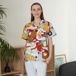 Cotton Cartoon print spa uniform beauty salon Pet shop uniform Fashion Slim Fit top scrub clothes women scrubs lab coat