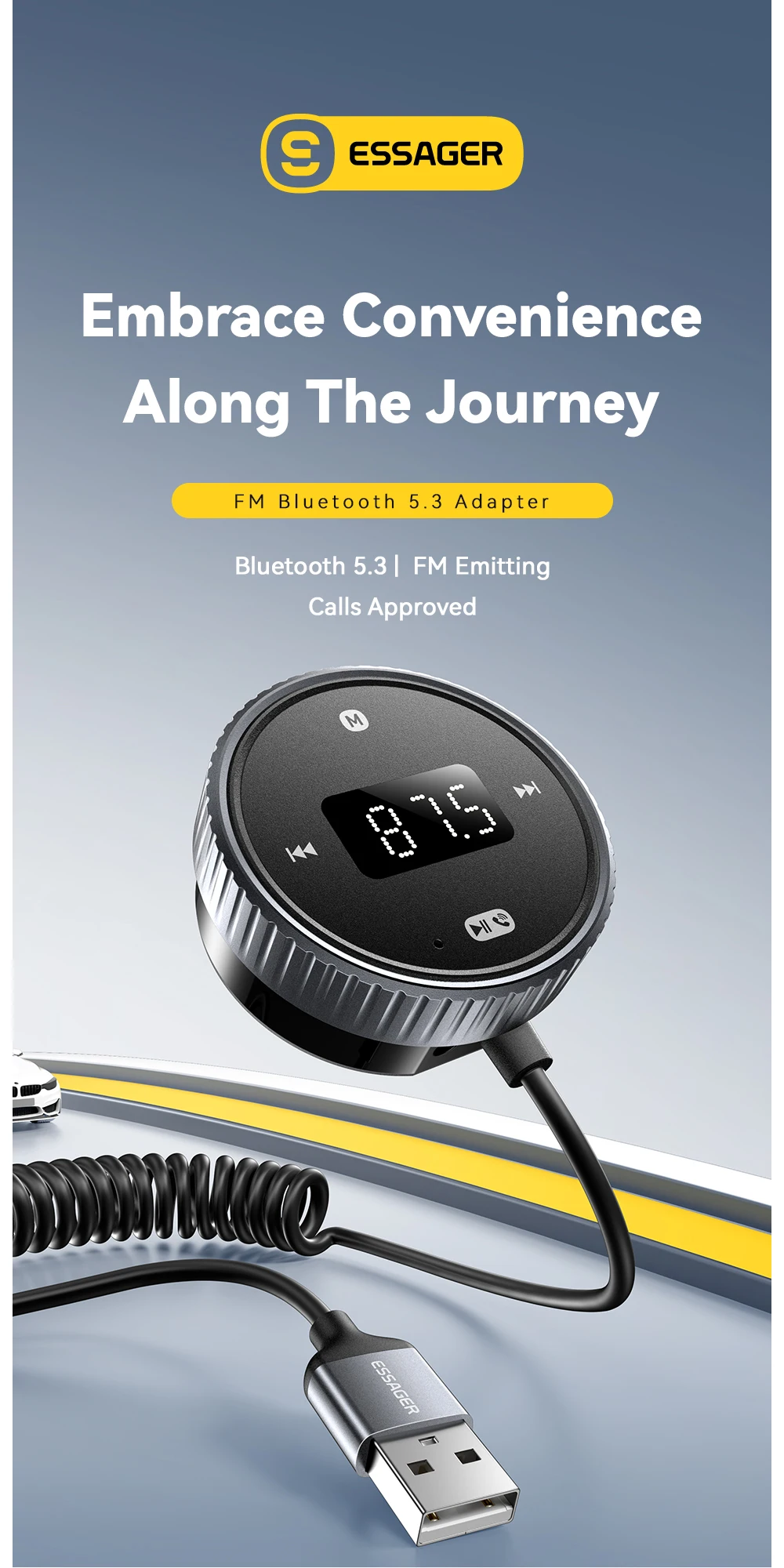 Car Bluetooth 5.3 FM Transmitter Built-in Mic Handsfree LED Display 3.5mm AUX Ad