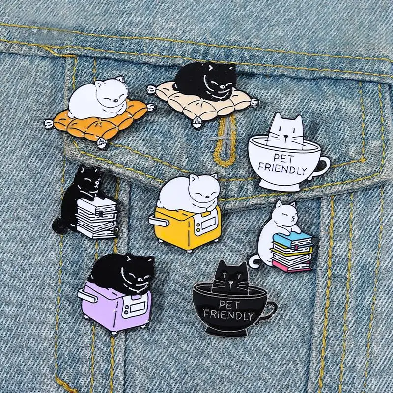 

Naughty Cats Enamel Pins Custom Black Kitten Brooches Books Mug Lapel Badges Cartoon Funny Animal Jewelry Gift for Kids Friends