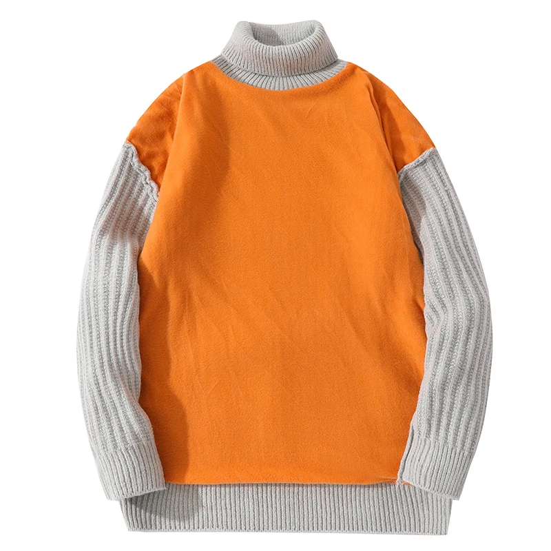 Men's Fleece Turtleneck Sweaters Solid Color Long Sleeve Striped Knitted Sweaters Winter Thicken Warm Jumper Men