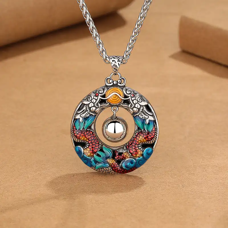 

Buddha Stones Year of the Dragon Colorful Double Dragons Playing Bead Copper Protection Necklace Pendant