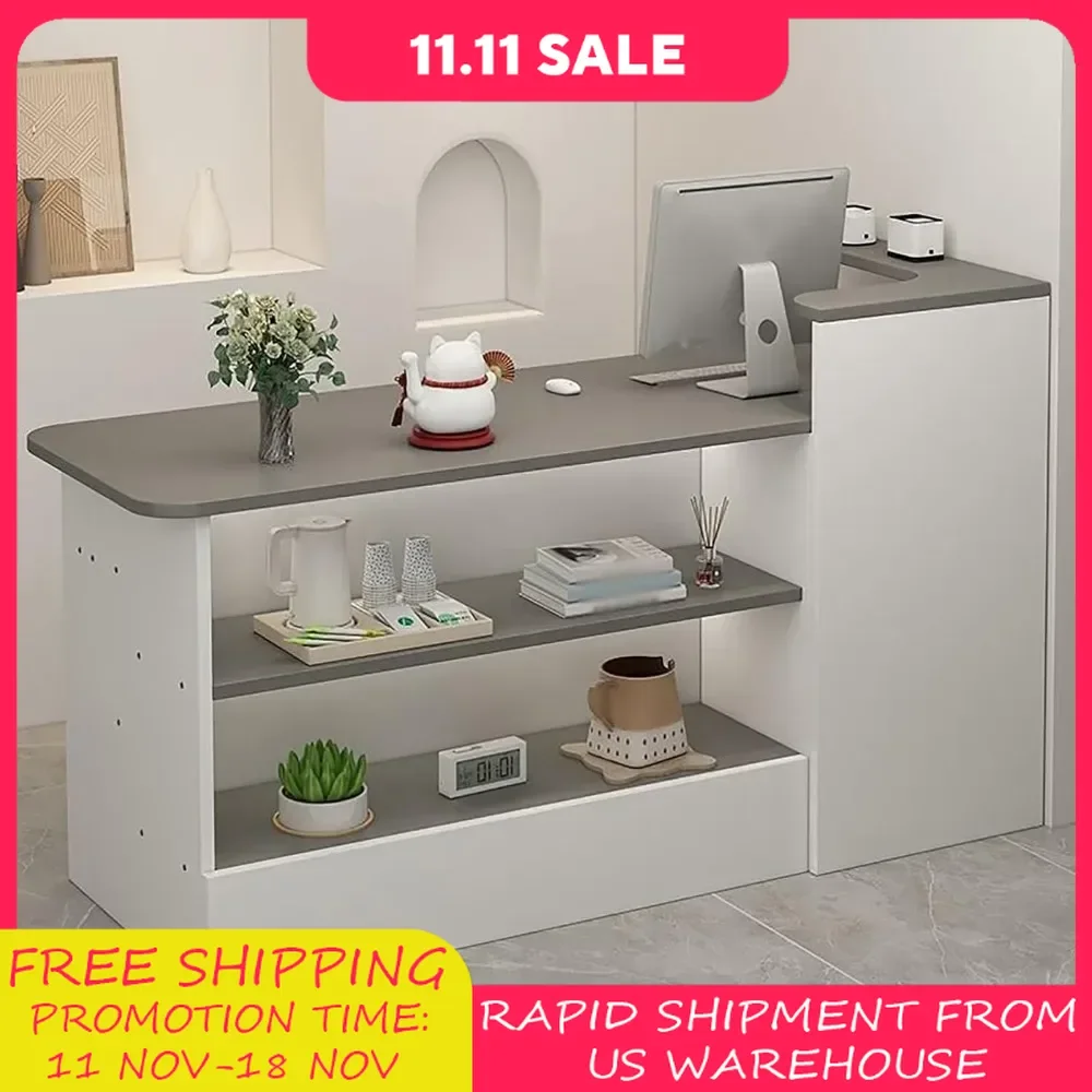 Reception Counter Desk, Modern Retail Counter, Front Desk Reception Room Table, Retail Counter with Display Shelf & Drawers