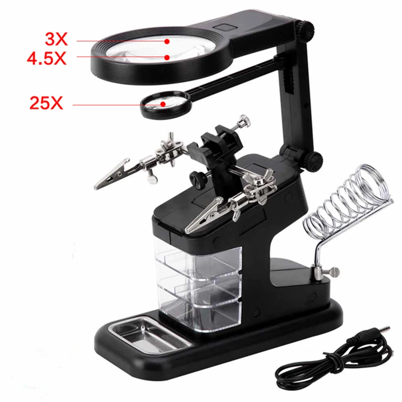 3 Hand Soldering Iron Stand Welding Tool With Magnifying Glass