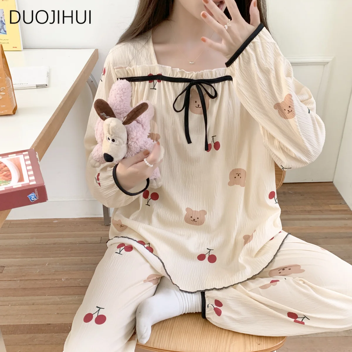 DUOJIHUI Spring Sweet Two Piece Casual Home Pajamas for Women Chic Printing Simple Bow Pullover Fashion Pant Female Pajamas Sets