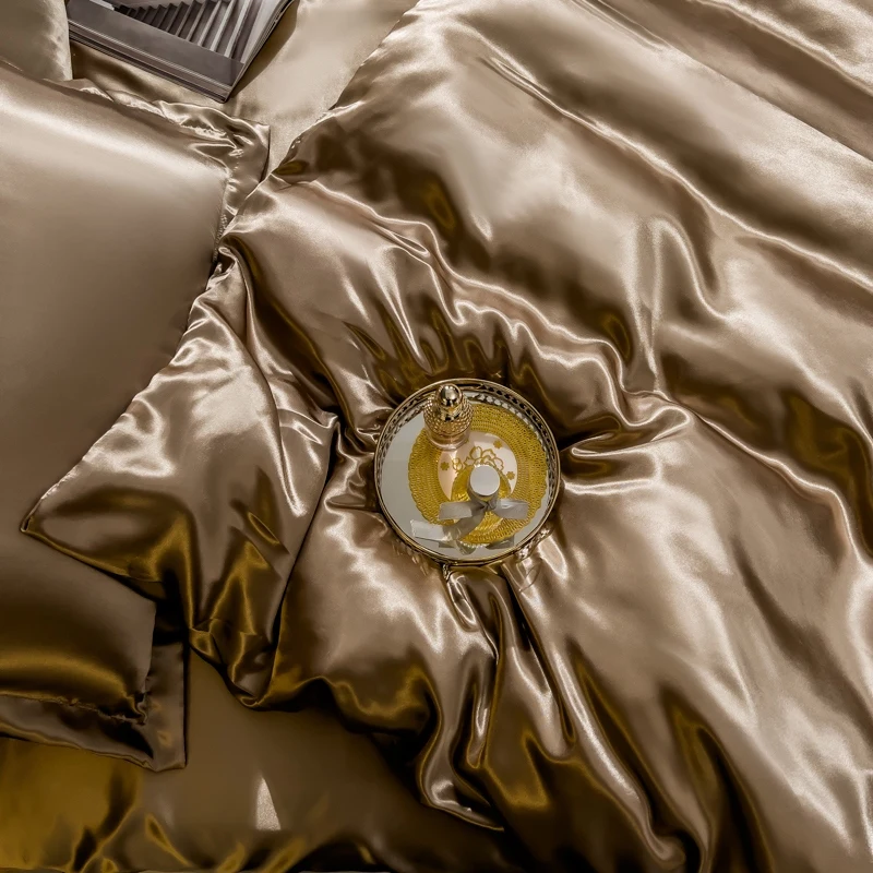 Solid Silk Bedding Set with Duvet Cover Bed Sheet Pillow Case Luxury Single Double Couple Rayon Satin Pillowcases Bedsheet 3