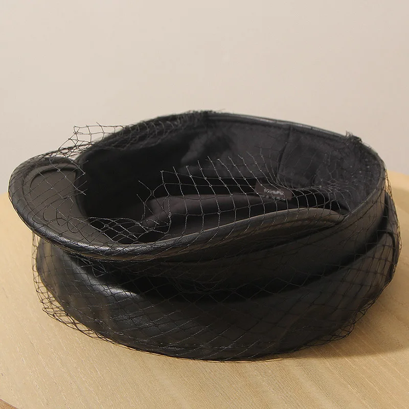 Luxury Designer Brand PU Leather Hats Women Warm Black Visor Beret