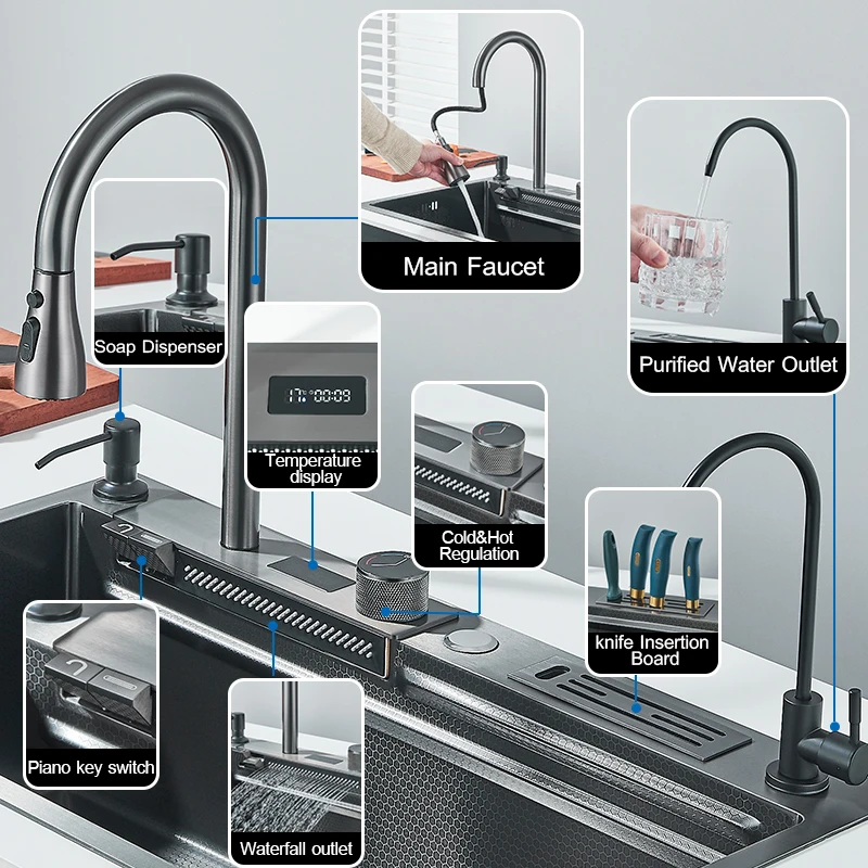 304 Stainless Steel Waterfall Kitchen Sink Large Single Slot Integrated Digital Display Faucet Set Soap Dispenser knife Board 3