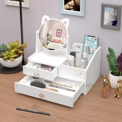 Home Dressing Table Dresser Drawers with Lovely Cats Mirror Rotate Makeup Organizer Nail Polish Brush Jewelry Storage Box