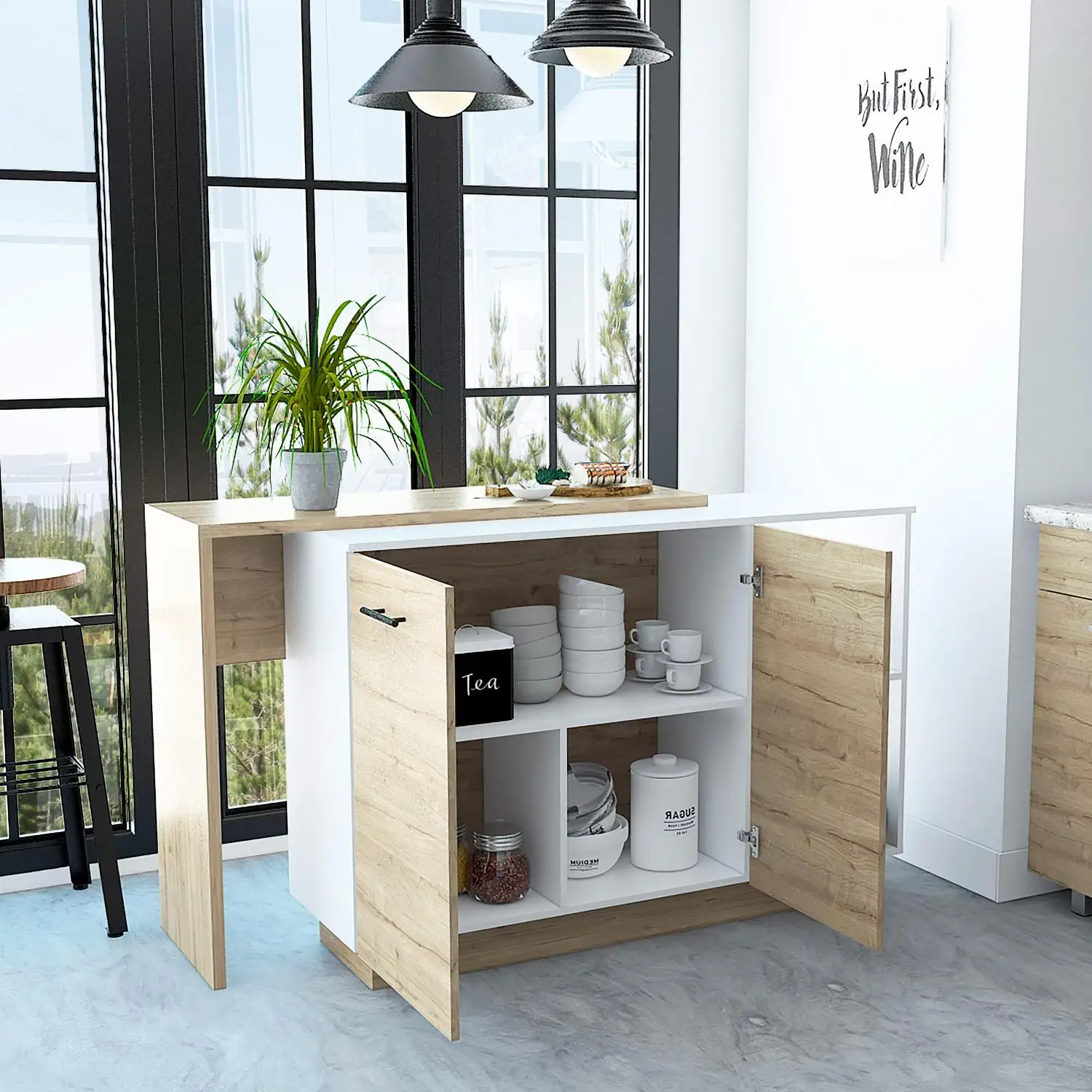 Sicilia Kitchen Island, Two  External Shelves, Double Door Cabinets, Three Shelves White / Light Oak 3