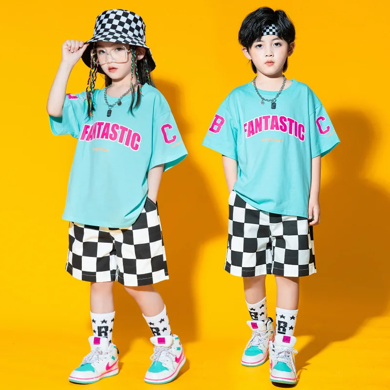 

Boys Street Dance Blue T-shirt Shorts Girls Hip Hop Crop Top Skirt Outfits Kids Summer Costume Clothes Sets Children Streetwear