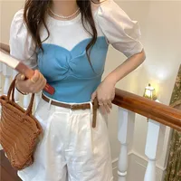 Chic ort Sve Knitwear Spring Thin New Year off Two-Piece Design Trendy Women's T-irt Cute round Ne Bubble Sve o...