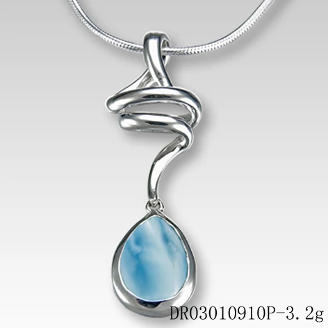 Natural Larimar 100% 925 Sterling Silver Pendant Water Drop Shape Genuine Stone Charm Pendant for Women Gift with Chain