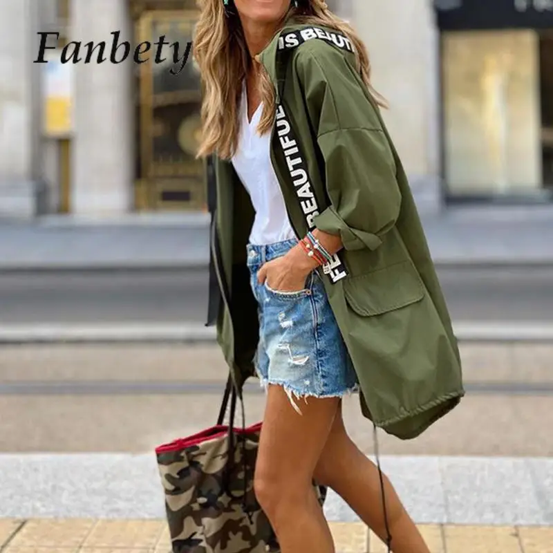 

Casual Hooded Women Trench Drawstring Coat Fashion Letter Patchwork Zipper Cardigan Jacket Autumn Lady Loose Windbreaker Outfits