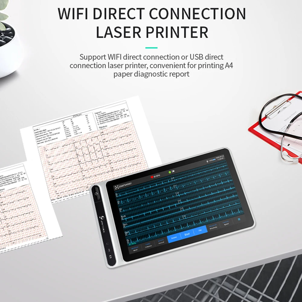 Touch Screen 12 Lead ECG Monitor Tablet Ai Analysis Diagnostic WiFi Wireless Transmission for Clinics Hospitals