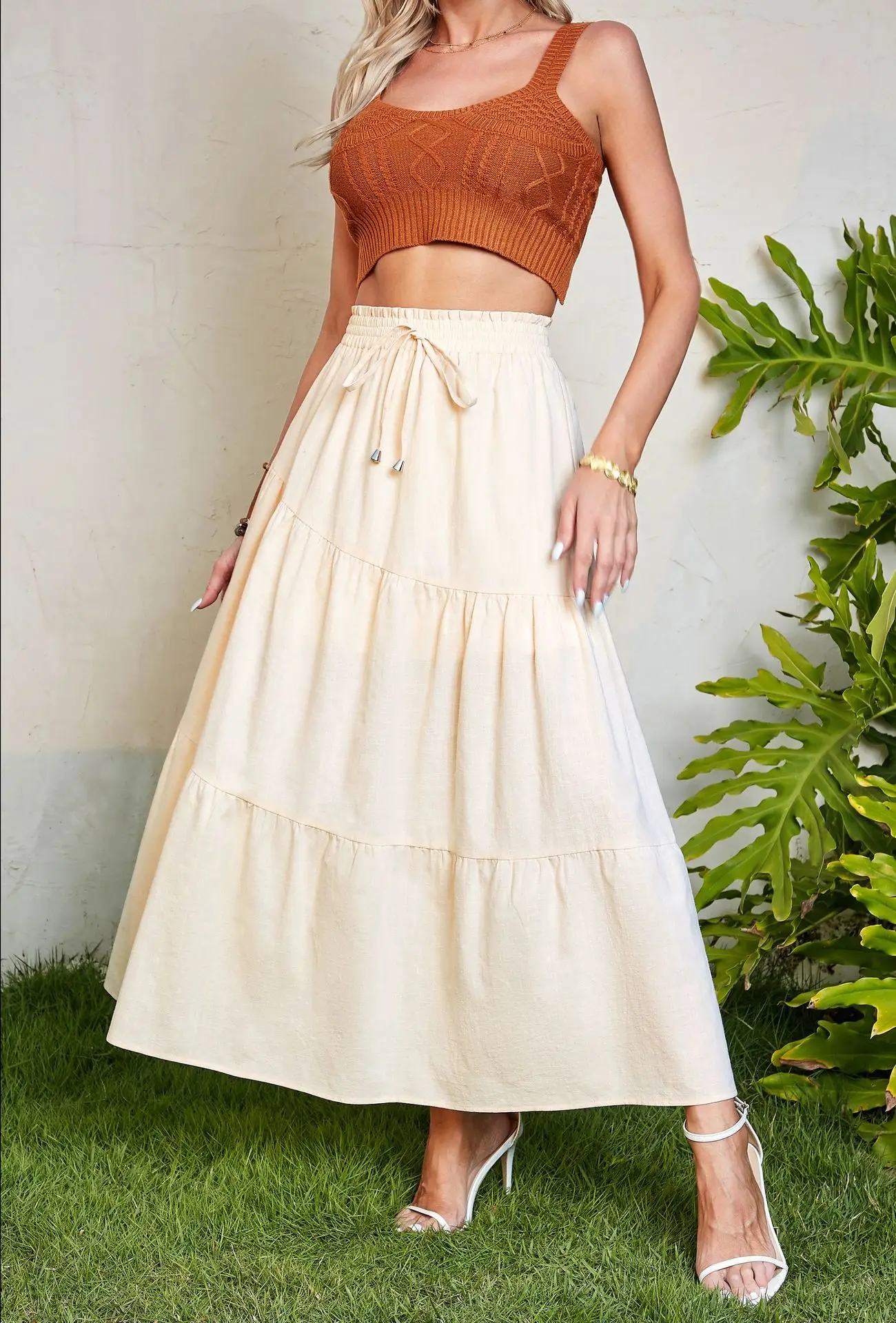 

Women's Pleated Long Skirts, Vintage Ruffles Skirt, Casual Loose Elastic High Waist, Cotton Linen, Spring, Autumn, Summer