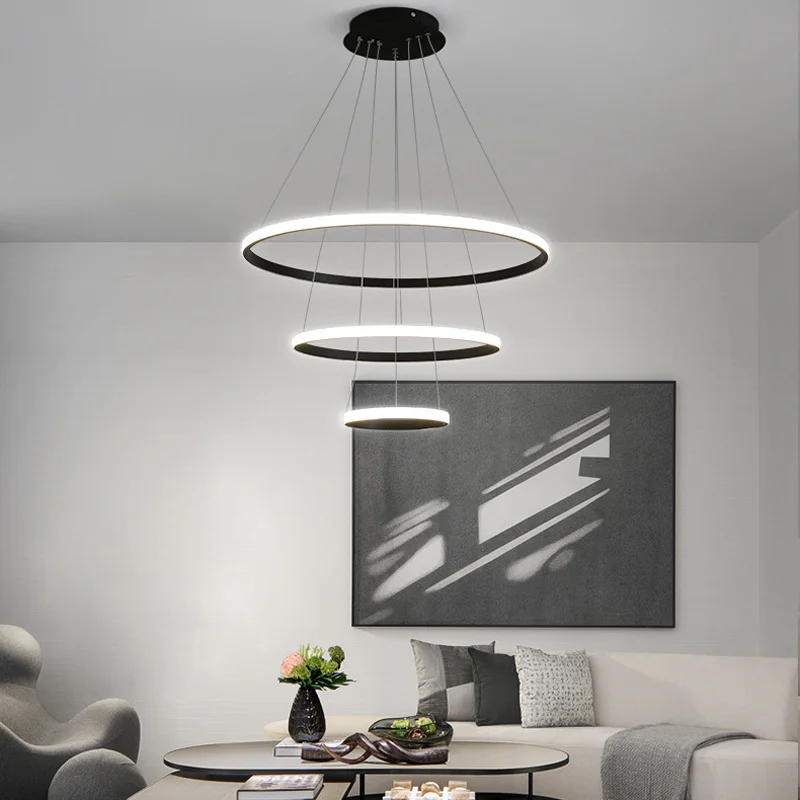 Led Cirkel Plafond Hangende Kroonluchter Ringen Zwarte Loft Woonkamer Eetkamer Moderne Hanglamp Keuken Binnenverlichting Armatuur