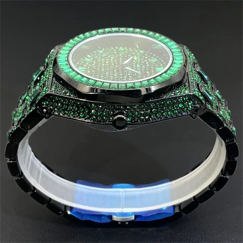 MISSFOX Fashion Green Watch For Mens Luxury Iced Out Quartz Watch
