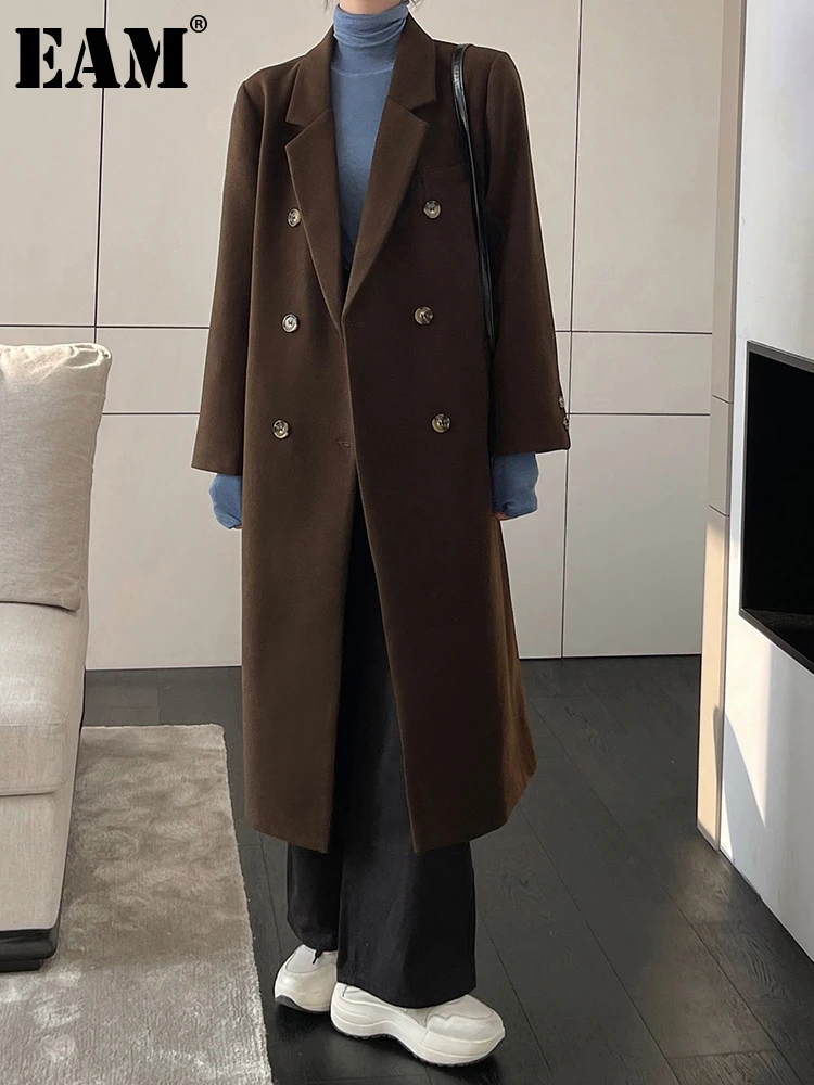 

[EAM] Loose Fit Brown Big Size Long Elegant Woolen Coat New Lapel Long Sleeve Women Jacket Fashion Autumn Winter 2024 1DH3102