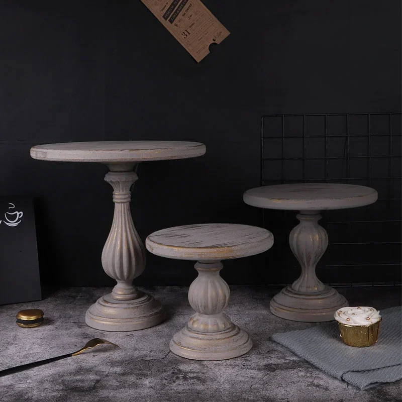 

European Style Retro Grey Brush Cake Plate Birthday Party Cake Rack Wooden High Foot Dessert Food Tray Wedding Ornaments