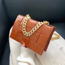  2022 New Women's Handbag With Shoulder Strap Luxury Braid Small Square Bag Simple Vintage Fashion Crocodile Pattern Metal Chain 