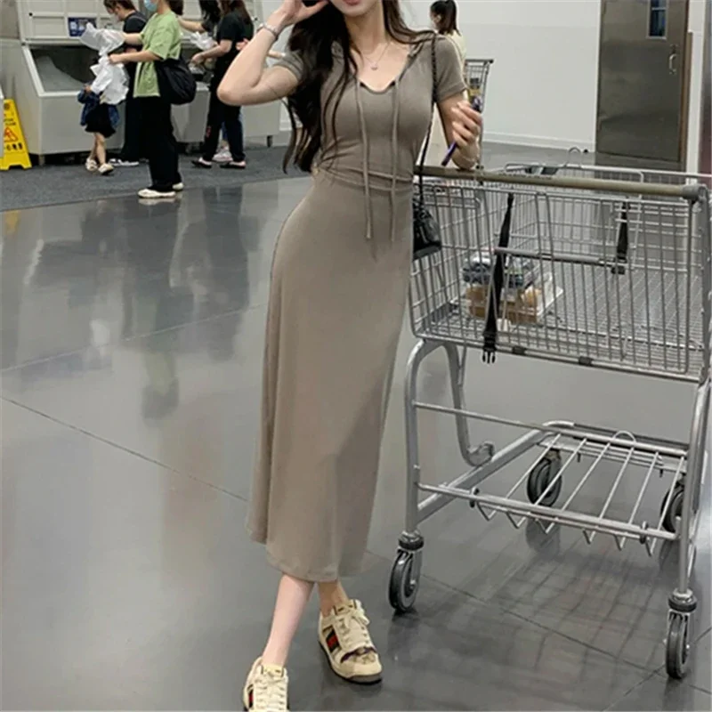 Casual Elegant Long Dress for Women Slim Office Lady Solid Fashion Simplicity Short Sleeve Female Korean Dresses Summer 2023