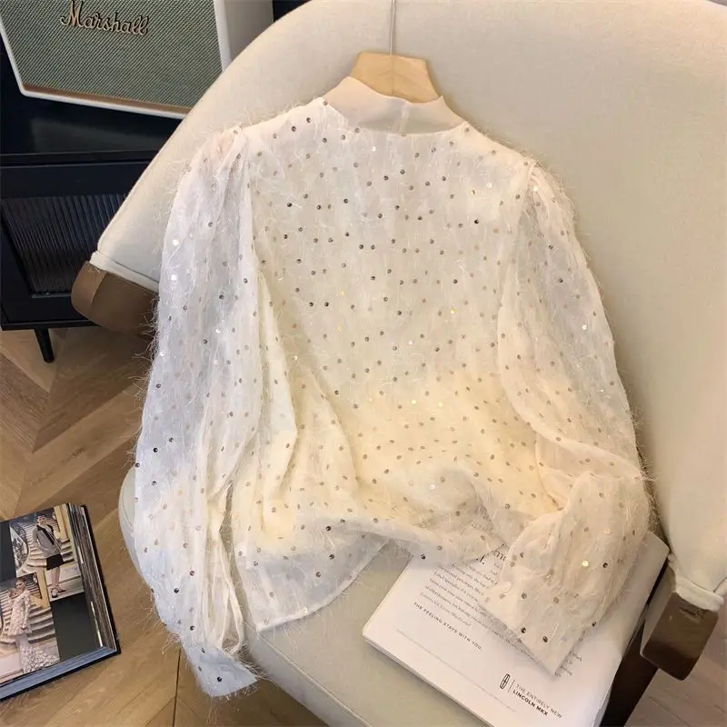 Sequins Elegant Shirt For Women Stylish Workwear Fashion Ladies Blouse Tops Bow Collar Long Sleeve Office Ladies Blusas Shirts