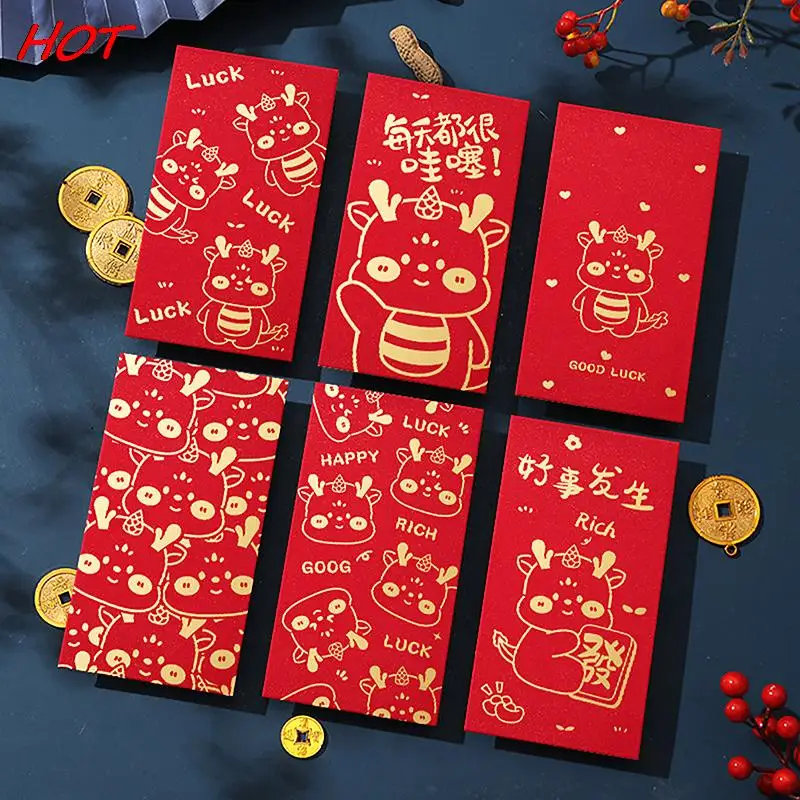 

6Pcs 2024 Dragon Year Red Envelopes Spring Festival Red Packet Lucky Money Packets Kids New Year Cartoon Gift Bags