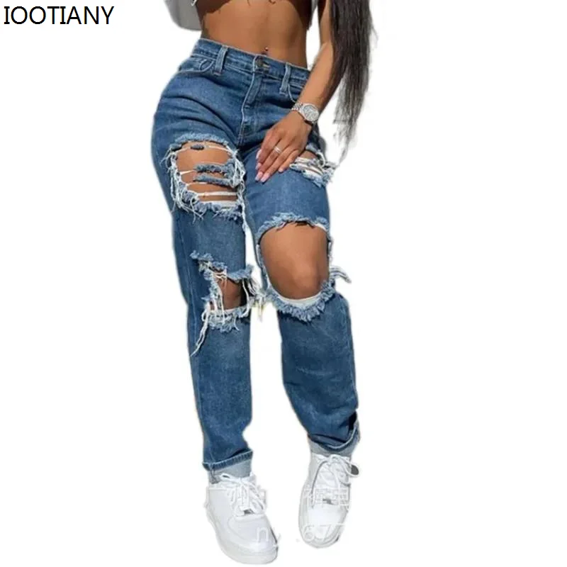 

New Women's Hollow Ripped Straight Jeans Blue Washed Loose Mid-rise Denim Ripped Pants American Streetwear Trousers