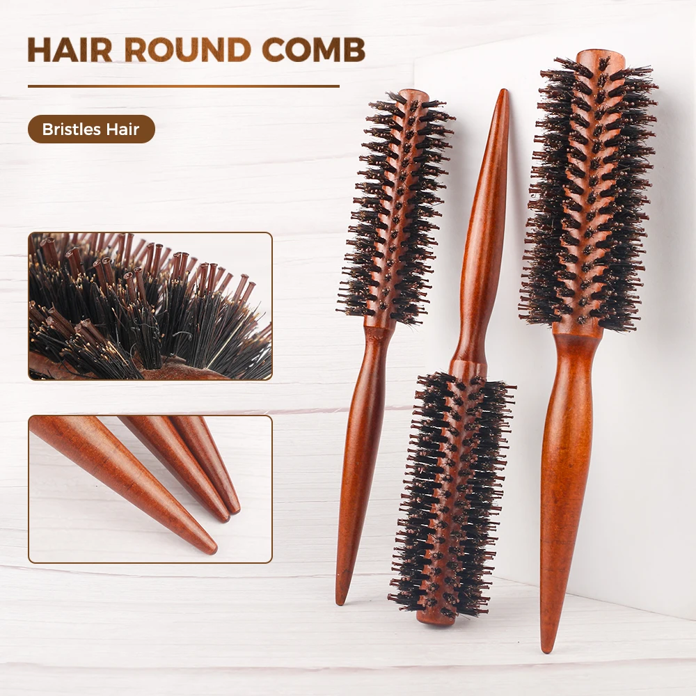 6 Style Natural Boar Bristle Hair Round Brush Wood Handle Round Barrel Hair Comb Hair Roller Brush Hairdressing Styling Tools 6