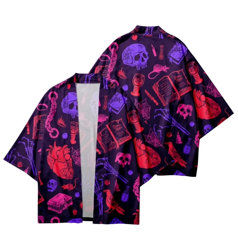Streetwear Cardigan Haori Fashion Skeleton Print Cosplay Kimono Japanese Style Women Men Beach Yukata Halloween Tops