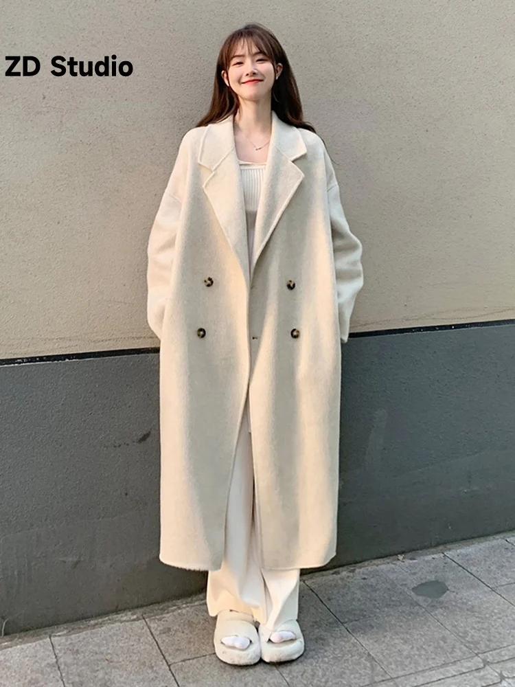 

[ZD Studio] 2023 Autumn And Winter New Over Knee Loose Silhouette Coat Long Thickened Small Thickened Woolen Coat
