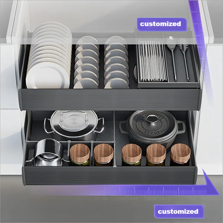 Goldmine Soft Close Drawer Slide Furniture Cabinet Drawer Aluminum Pull Out Plate Rack Pan Storage Set For Kitchen