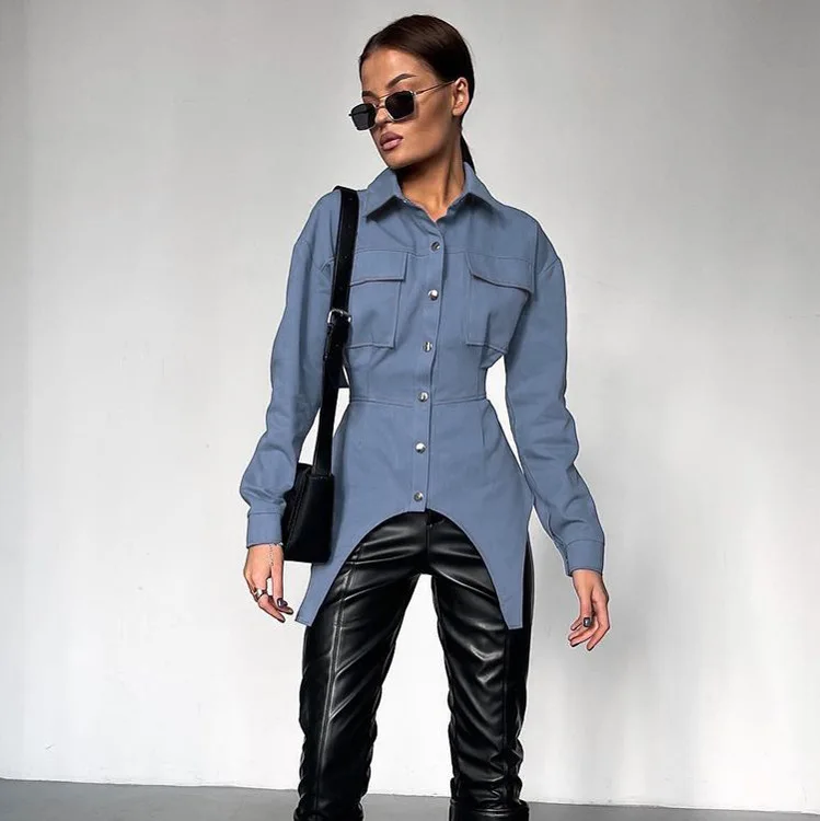 Lapel Patchwork Fashion Shirts For Women Slim Long Sleeve Pocket High Waist Autumn 2025 Cardigan Vintage Shirts Streetwear