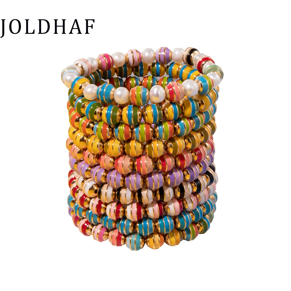 

New Design Copper Colorful Round Beads Bracelet Bohemain Rainbow Color Elastic Enamel Bracelet For Women Enamel Jewelry Gift