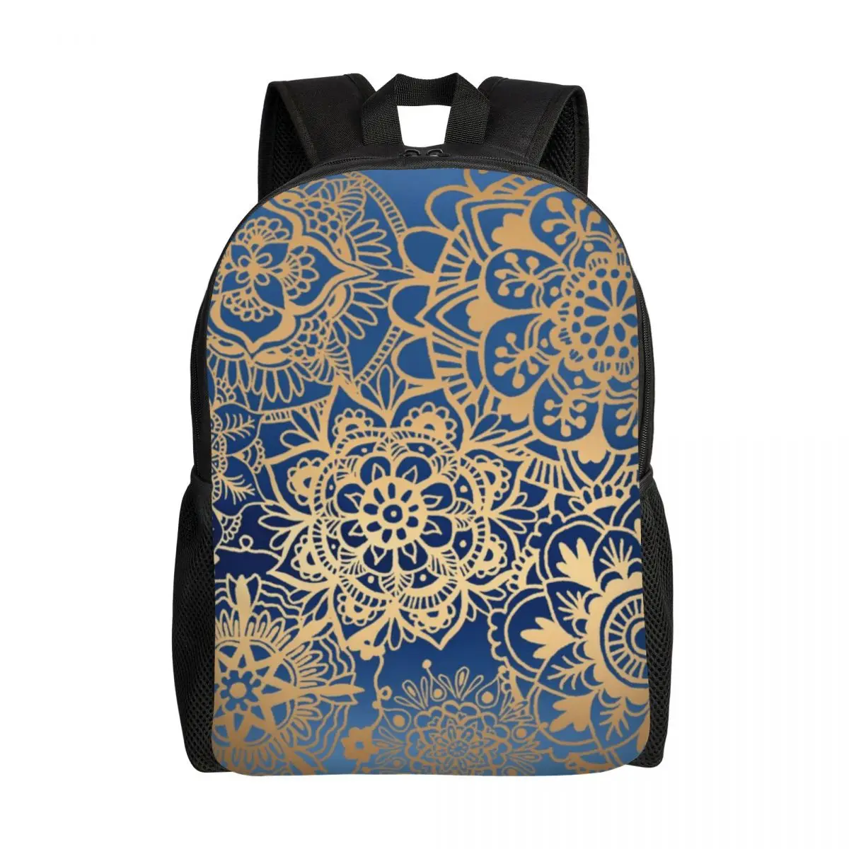 

Blue Gold Mandala Backpack for Women Men College School Students Bookbag Fits 15 Inch Laptop Buddhism Flower Bags