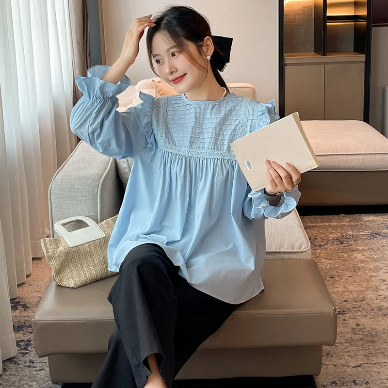 

2024 new Autumn Loose Pregnant Women's Shirts Solid Color Long Flare Sleeve Ruffles Patchwork Hollow Out Lace Pleated Blouses