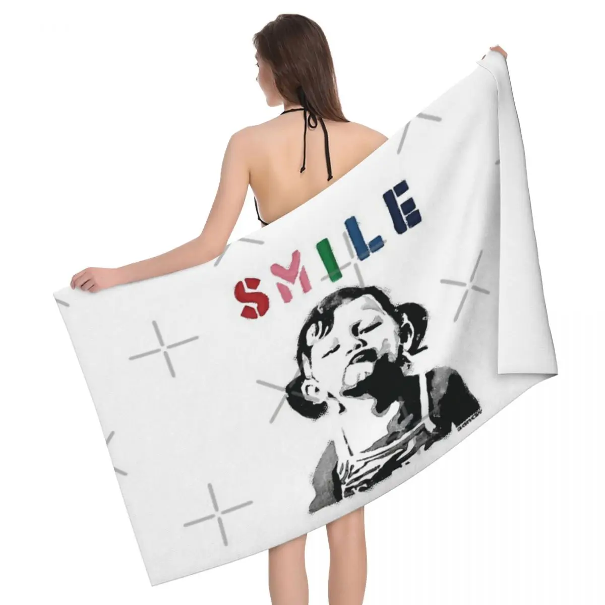 

Banksy Graffiti Quote SMILE With Girl Not Smiling Girl 80x130cm Bath Towel Brightly Printed For Travelling Personalised Pattern