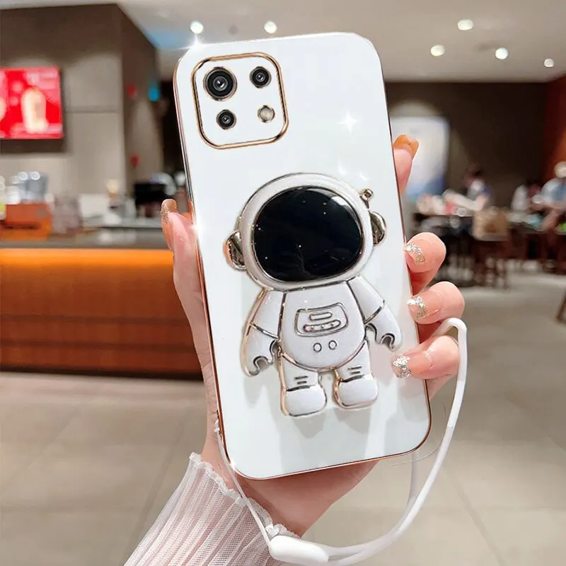 

Luxury Plating Square Astronaut Holder With Landyard Phone Case For Xiaomi 11 Lite Case Cover