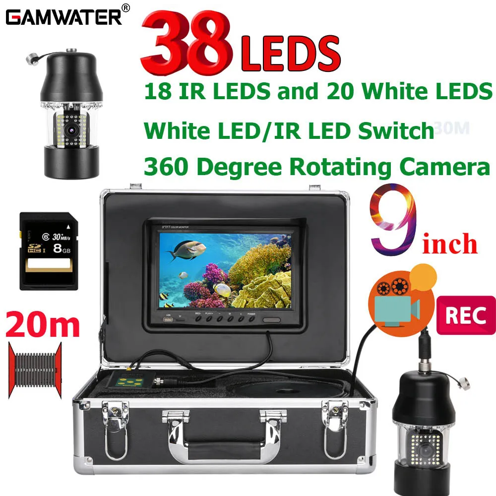 GAMWATER 9 Inch DVR Fish Finder Underwater Fishing Video Camera 38 LEDs 360 Degree Rotating Camera for Lake Sea Boat Ice Fishing