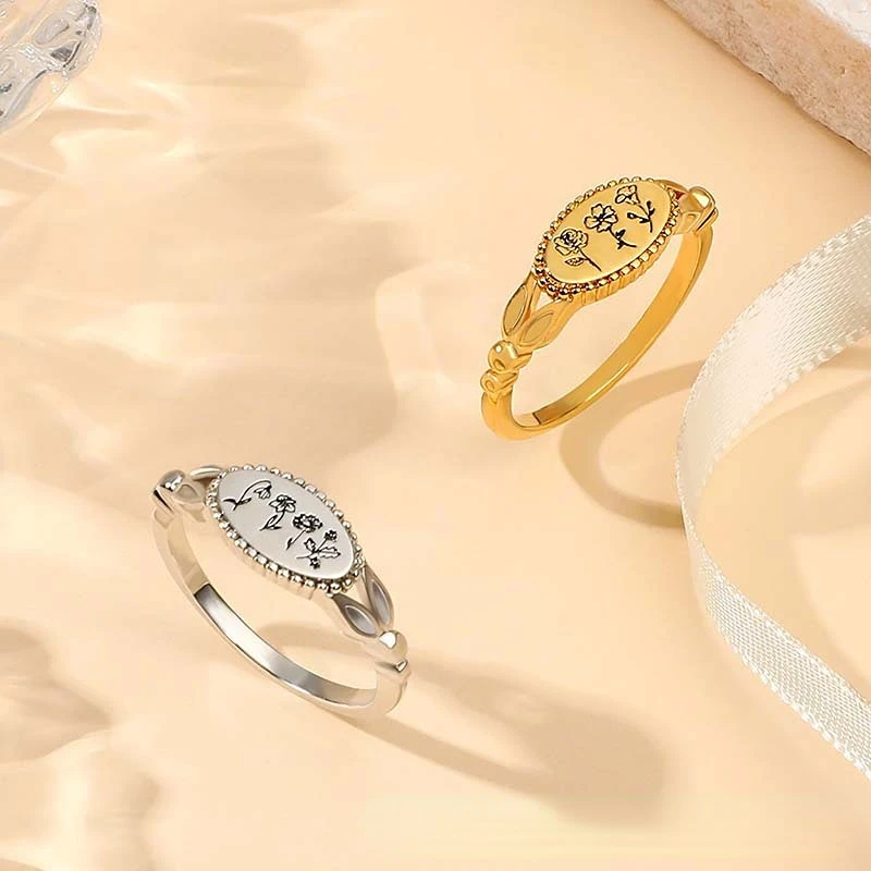 Fancy 925 Sterling Silver 12 Birth Month Flower Ring 18k Gold Plated Rings Engraving Stamp Wife Girlfriend Gifts Jewelry