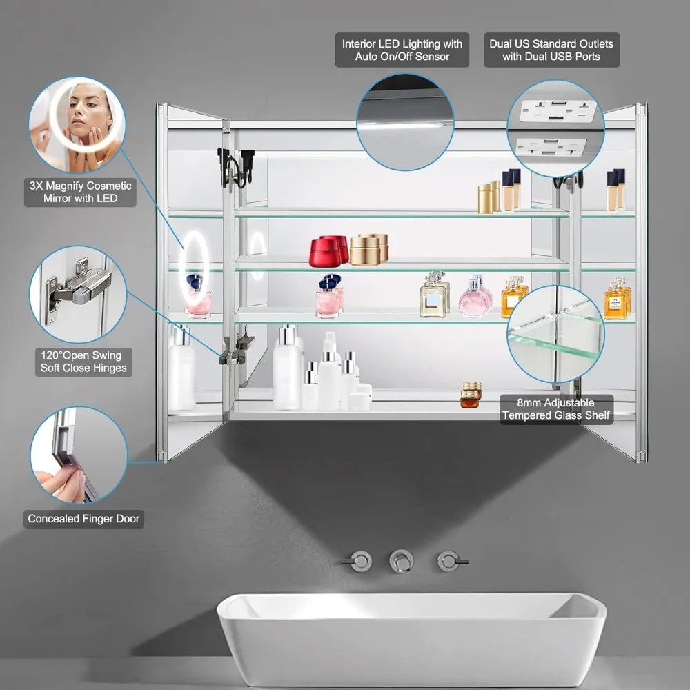 Recessed or Surface Aluminum Bathroom Medicine Cabinet with LED Lights