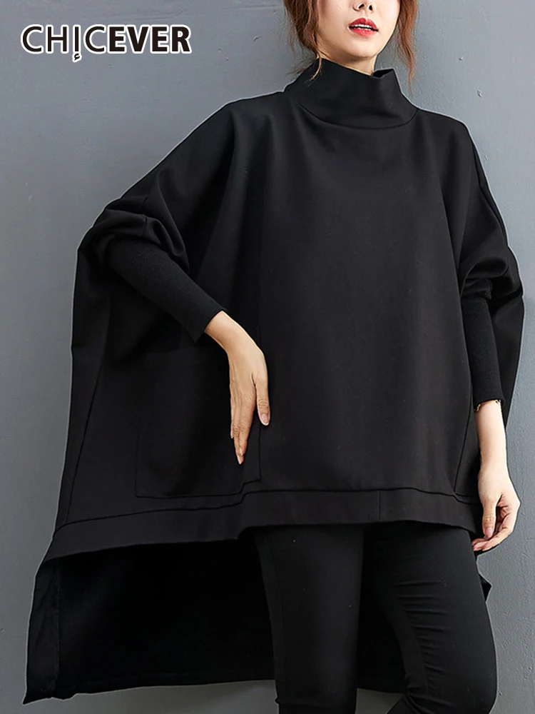 

CHICEVER Irregular Hem Sweatershirts For Women Turtleneck Long Sleeve Spliced Pocket Solid Oversize Pullover Sweatershirt Female